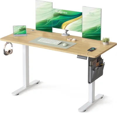 SONGMICS Högpriserad elektrisk skrivbordstand, 140x60cm, Stående, 4-hets minnefunktion, för kontor, hemkontor, Guld, Oak - 29% avslappnad
