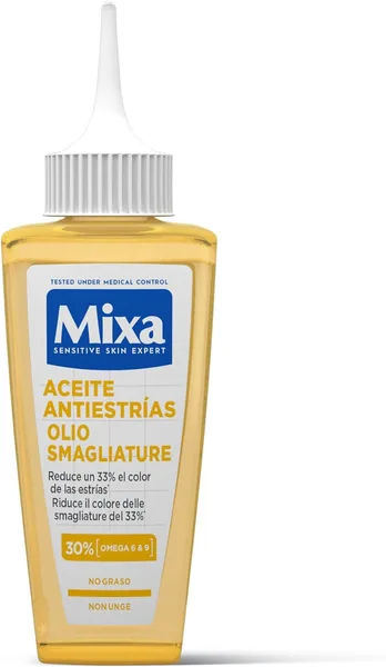 olio per smagliature Mixa idratante, adatto alla pelle sensibile, elasticizzante e lenitivo, riduce la sensazione di prurito, non grasso