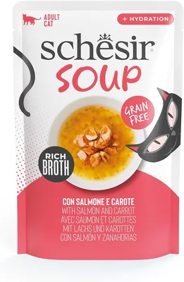 Schesir, Sopa con Filetes de Salmón y Zanahorias, Comida Húmeda Complementaria para Gatos, Receta Original, 100% Natural, Libre de Crueldad