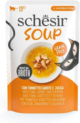 Cibo Wet Schesir con Filetes de Atún, Zanahorias y Calabaza, Receta Originale 100% Natural para Gatos, CRU - Mejor Oferta