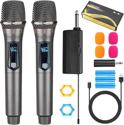2 Micrófonos de Karaoke Inalámbricos Recargables, Micrófonos Dinámicos Portátiles con Bocina