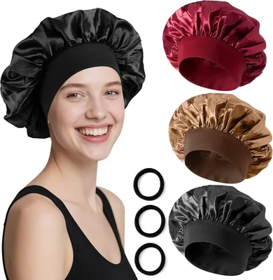 Elalove Bonnet in Seta Set 3 Pezzi Rosso Nero Oro con 3 Fasce Elastiche, Cappuccio Balaclava per Capelli Ricci e Dritti