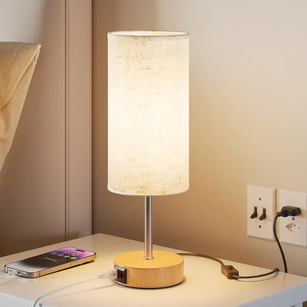 UPXNBOR Touch Bedside Lamp with USB-A and USB-C Charging Ports, Dimmable 3 Levels, Linen Fabric Lampshade, Small Table Lamp, with 1.5m Cable (E27 Bulb Included)