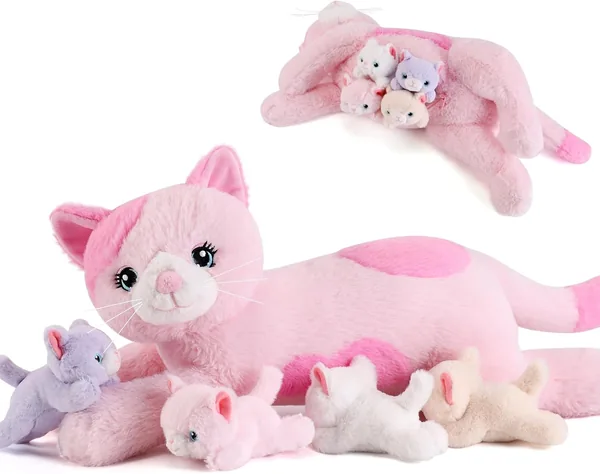 gnomantic 5 Pieces Cat Stuffed Animals with Babies Inside Belly - 1 Mommy Stuffed Cat with 4 Kittens