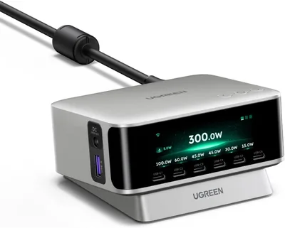 UGENER Nexode Pro 300W Cargador de Escritorio con Pantalla Inteligente | 8 Puertos, Control Remoto por App, Salida DC
