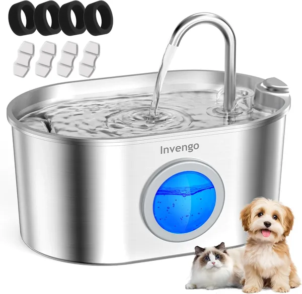 Fontaine à eau pour chat Invengo 2.2L en acier inoxydable avec fenêtre de niveau d'eau, facile à nettoyer, 4 filtres inclus, design étanche - 33% de réduction