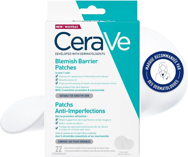 CeraVe - Patch Anti-Imperfection Invisible - Résultats en 3H - Réduit l'Excès de Sébum - Technologie Hydrocolloïde - Bord Fin