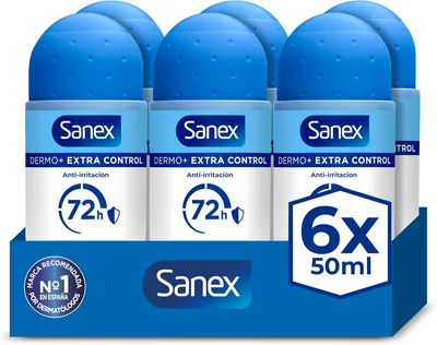 Sanex Dermo+ Extra Control Deodorante Antitranspirante Roll-On 72 Horas 6x50 ml - Protección Eficaz Contra el Sudor y el Olor