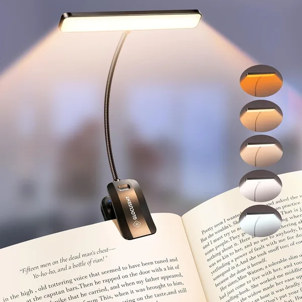 Glocusent 26 LED Rechargeable Book Light 5 Amber Colors & Stepless Dimming Brightness Book Light for