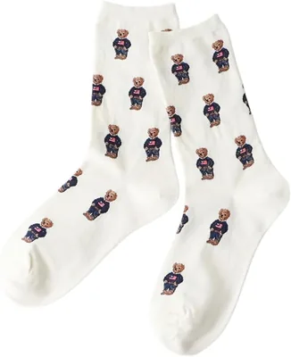 Polo Ralph Lauren Women's Crew Socks Organic Cotton Flag Mini Bear Pattern, Best Deal
