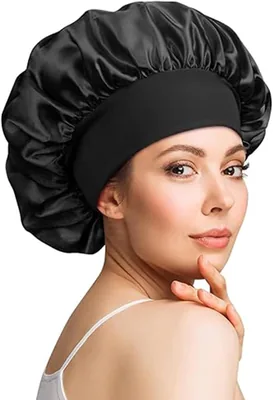Cap de sommeil en soie PhieeSeriy 1x avec élastique pour cheveux longs bouclés, satin doux et anti-glissement pour la nuit, Noir