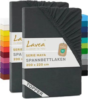Lavea® Pack von 2 Topper-Passform-Laken 200 x 220 cm - Anthrazit | 100% Baumwolljersey - für Topper bis 12 cm Höhe - weich