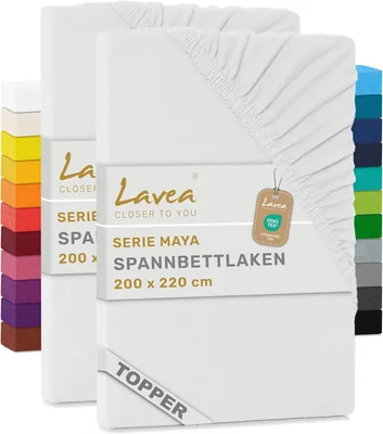 Lavea® Pack 2 Topper Fitted Sheets 200 x 220 cm - Weiß | 100% Baumwoll-Jersey - für Topper bis 12 cm Höhe - weich, dimm