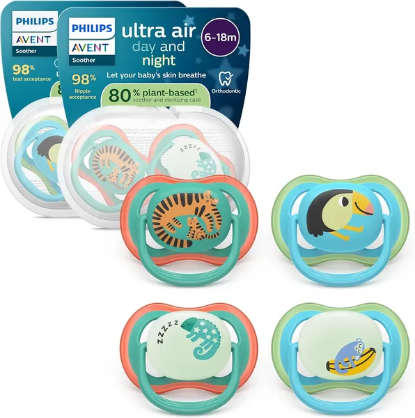 Philips Avent Ultra Air Dag & Natt Törnar - Orthodontik Design, för baber 6-18 månader, Luminiskt Version, Mjuk och Symmetrisk - Best Deal