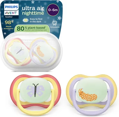 Philips Avent Ultra Air Nattmorskar Orthodontik Design för 0-6 Månads Baber, Lumiskt Mellan och Symmetrisk Silikon Te