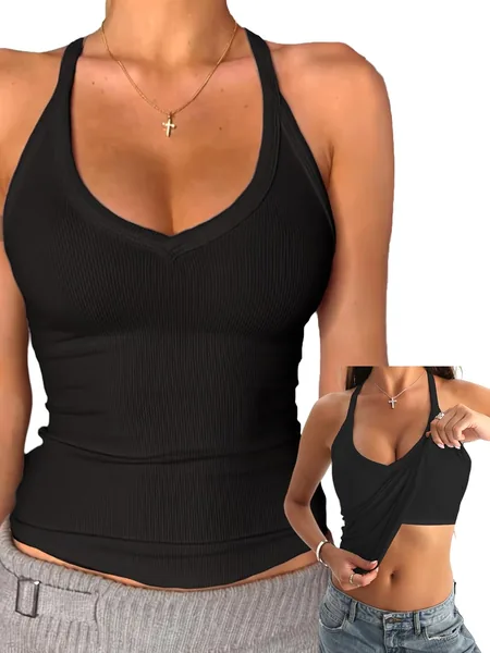 Danysu V Neck Cotton Tank Tops with Built-in Shelf Bra Sleeveless Racerback Fitted Basic Cami Shirts