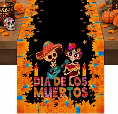 Camino de Mesa ANNIEMOOM 33 x 230CM Rústico con Diseño de Calavera de Azúcar para Día de los Muertos y Halloween