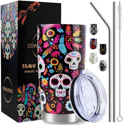 Vaso Térmico de 20 oz con Diseño de Calaveras para Día de Muertos y Halloween