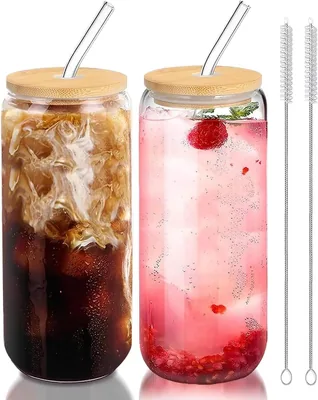 SKY-TOUCH 2 Pcs Reusable Glass Cups with Bamboo Lids & Straws (550ml)