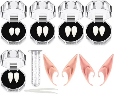 5 Pares Colmillos de Vampiro y 2 Pares Orejas Elfo, Dientes Falsos