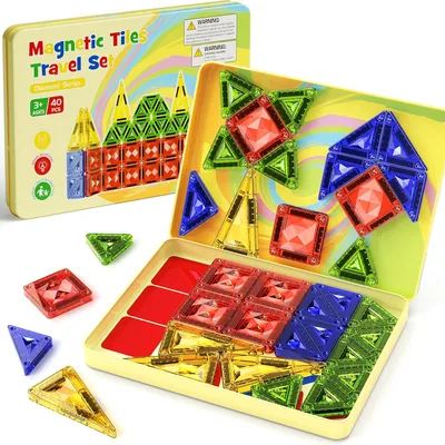 Magnetische tegels voor reizen, speelgoed voor kinderen vanaf 3 jaar - 40-delig mini magnetisch bouwblokset, 3D glinsterend reisspel