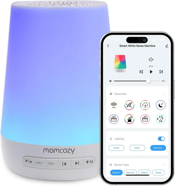 Momcozy White Noise para Bebés, Niños y Adultos con 34 Sonidos Relajantes, Máquina de Ruido Blanco con Luz Nocturna de 7 Colores