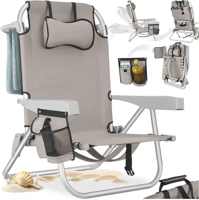 Tectake® Silla de Playa Doblable con Reposabrazos Ajustable, Estructura de Aluminio, Función Mochila, Silla de Camping Ligera, Ideal para Viajes