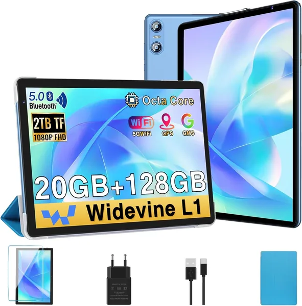 Tablette Biegedy 10 Pouces Android, 20Go RAM + 128Go ROM (Extensible TF 2To), Octa-Cœur, 5G WiFi 6, Widevine L1, GMS, GPS, BT 5.0