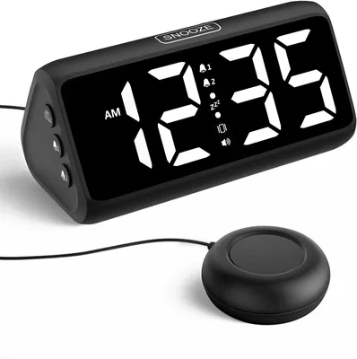 Lätt alarmklocka för söndare, ljudstark alarm med vibration, dubb alarm, LED-tätning, 5 hellighetsteg, 4 ljudnivåer
