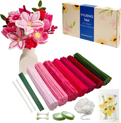 YYUENG ROOF 350 Stück Rote und Rosane Bastelblumen-Set mit Anleitung, 2 Chenillestrümpfe, 20 Blumendraht, 100 Ständer Best Deal
