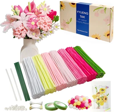 YYUENG PATCH 500 stukar Gradient Rosa Pipe Cleaner Bloomen Set (7 Färger), Inkl. Instruktioner, 25 Bloomväxlar, 100 Ständer, Be