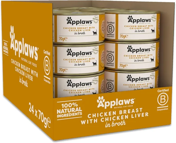 Applaws 100% naturalna karma dla dorosłych kotów - pierś z kurczaka z wątróbką w bulionie, puszki 24 × 70 g Best Deal