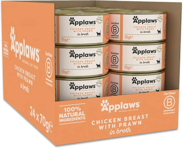 Applaws 100% naturalna mokra karma dla dorosłych kotów - pierś z kurczaka z krewetkami w bulionie, puszki 24 × 70 g Best Deal