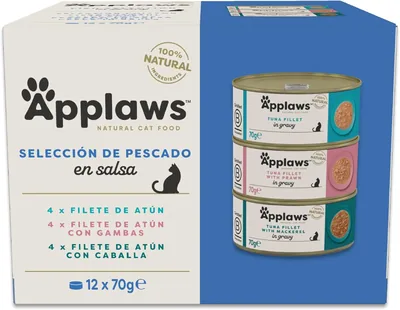 Comida húmeda para gatos Applaws 100% natural, selección de pescado en salsa, multipack de 12 latas de 70 g