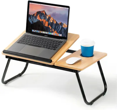 Mesa para Cama y Sofá con Portapatas Ajustable, 22 x 32 x 25 cm | Mesa Computadora con Portavasos, Tablero MDF