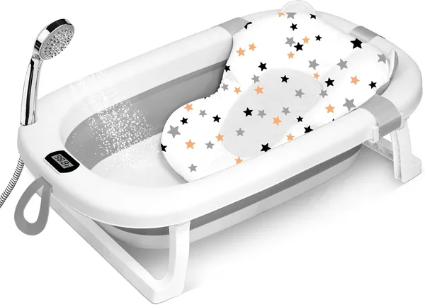 SKY-TOUCH Baby Foldable Bathing Tubs with Soft Bathmat Cushion & Thermometer