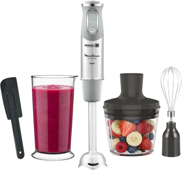 Moulinex Quickchef: Licuadora de mano 1000W con cuchillas Powelix, 20 velocidades y modo Turbo - Incluye picador y vaso de 800ml
