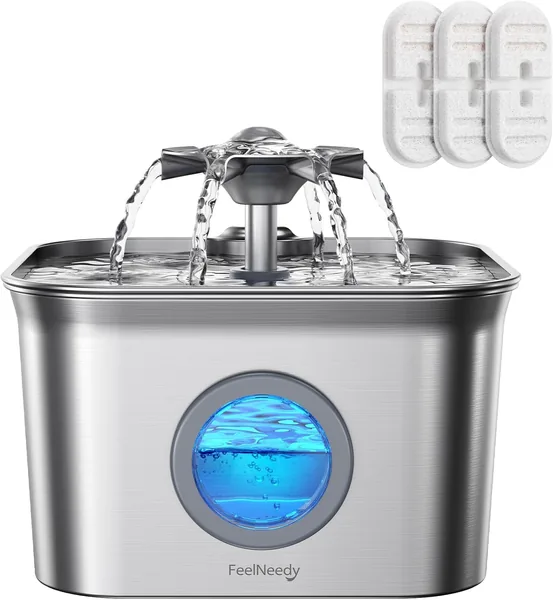 FEELNEEDY 2.8L Stainless Steel Cat Fountain with 3 Filters