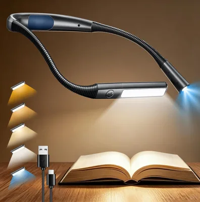 Lámpara de Lectura Recargable Glocusent, Lámpara Cuello | 5 Colores y Brillo Ajustable, Lámpara Libro de Lectura 100 Horas de Batería