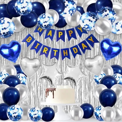Globos de Cumpleaños Azul y Plateado, Juego de 47 Piezas con Cortina de Purpurina - Ahorra un 10%