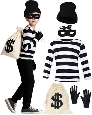 Kids Robber Costume 5 Pcs Black & White Striped Shirt Accessory Set