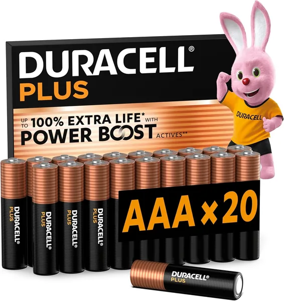 DURACELL Plus AAA Batteries (Pack of 20) - 1.5V Alkaline Batteries - Up to 100% Extra Life with Active Power Boost- Reliability for Everyday Devices - 0% Plastic Packaging - MN2400