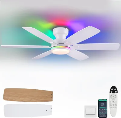Kviflon 52 Pouces Ventilateur de Plafond avec Lumière RGB, Profil Bas Récessé avec Télécommande et Application, 6 Palmes Reversibles, RG - Meilleur Prix