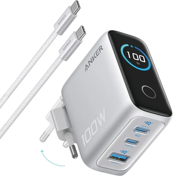 Anker 100W USB C Wall Adapter - 3 Poorten met GaN Technologie, Touch Control, Voor MacBook en iPhone - 21% Korting