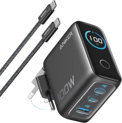 Anker 100W USB C Charger, 3-Poorts GaN Wandlader met Slank Display en Touch Bediening voor MacBook, iPad, iPhone - 17% Korting