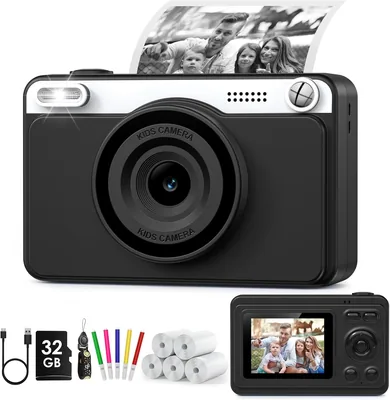 GREENKINDER Instant Camera voor Kinderen met 2,4' Scherm, 32GB Kaart en 5 Rolletjes Printpapier, 1080p Camera, Direct Afdrukken