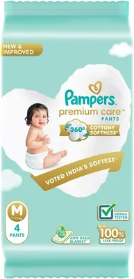 Pampers Premium Care पैंट शैली बेबी डाइपर M (4 काउंट) | नो मार्क्स डिज़ाइन | भारत में नंबर 1 सबसे नरम डाइपर | ऑल इन 1 डाइपर