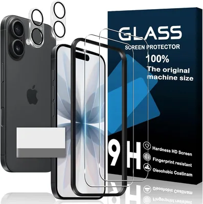 iPhone 17用 強化ガラスフィルムセット - ガイドフレーム付き、指紋防止、2枚フィルム+2枚レンズ保護フィルム