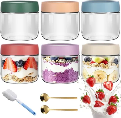 6 Pack 350ML Overnight Oats Container Jar with Airtight Lid, Freezer Dishwasher Safe Glass Food Stor