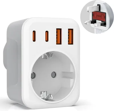 Adaptador de enchufe 5 en 1 UK, adaptador español a UK con 2 USB C y 2 USB A, para Inglaterra, Irlanda, Maldivas, Dubái